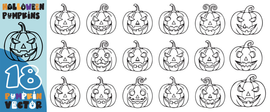 Collection of 18 unique hand drawn halloween pumpkin faces and carved jack o lantern designs for coloring pages