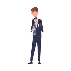 Obraz premium Man Musician Character Play Flute Musical Instrument Standing on Stage Vector Illustration