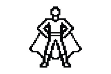 Pixelated superhero stands confidently with his hands on his hips and cape © Bably