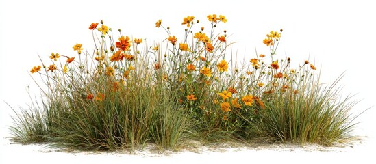 Vibrant cluster of orange and yellow wildflowers amongst light brown grasses