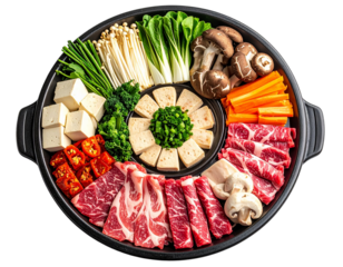 Traditional Chinese hot pot with assorted raw vegetables tofu mushrooms and meat isolated png transparent background