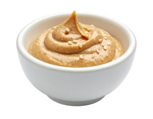 Small white ceramic bowl with creamy peanut sauce isolated png transparent background