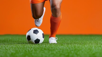 Mid-action shot of soccer player in orange uniform kicking ball on green field