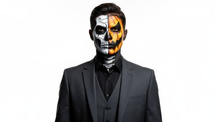 Man in Suit with Half Skull and Pumpkin Halloween Face Paint
