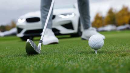Close-up of male golfer preparing to tee off with driver on golf course
