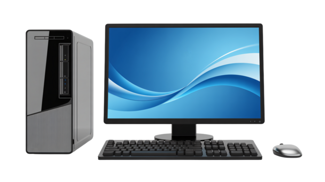 Sleek desktop computer with modern monitor, keyboard, and mouse.