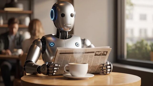 Futuristic robot enjoying morning coffee while reading the news in a modern cafe, showcasing AI integration and daily routines