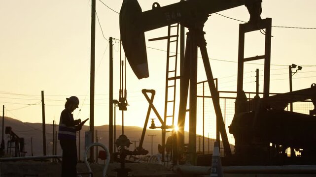 A worker stands near an oil pump jack at sunset in the oil field