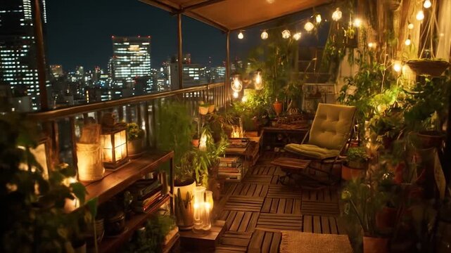A charming rooftop balcony at night, adorned with plants, lanterns, and string lights, showcasing a tranquil urban escape.