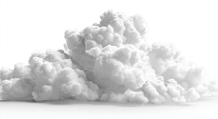A large, fluffy, white cloud formation against a plain white background.  Its texture is dense and voluminous, appearing like a cumulus cloud or a dense puff of smoke