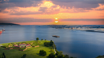 Aerial shot of Fort McHenry National Monument along the Patapsco River in Baltimore Maryland USA