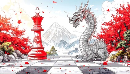 Red Chess Queen vs. Asian Dragon on a Giant Chessboard with Mount Fuji Background