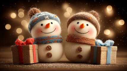 Two happy snowmen with gift boxes celebrating togetherness friendship and the joy of exchanging thoughtful presents during the holiday season.