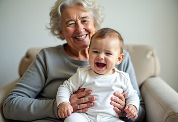 An elderly European woman, a grandmother, holds her little grandson in her arms. The grandmother and grandson are having fun and playing