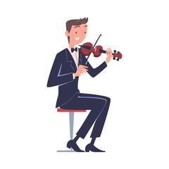Man Musician Character Play Violin Musical Instrument Sitting on Stage Vector Illustration