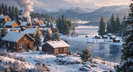 A wide scenic view of a snowy Canadian lake