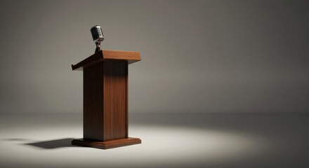 Elegant vintage microphone on wooden podium illuminated in spotlight