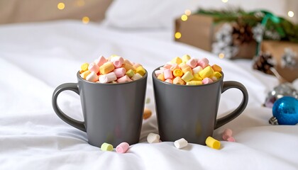 Two mugs filled with colorful marshmallows on a white bed