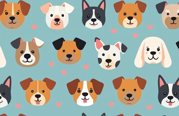 Fototapeta premium Whimsical Scandinavian style seamless pattern featuring cute dog faces in pastel colors. Joyful illustration with playful puppies on light blue background perfect for children apparel, nursery decor,
