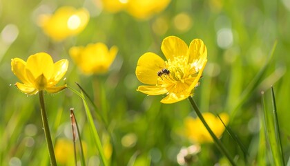 Obraz premium Bright yellow flowers in a grassy field, bathed in sunlight