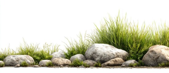 Rocks and grass border on white background