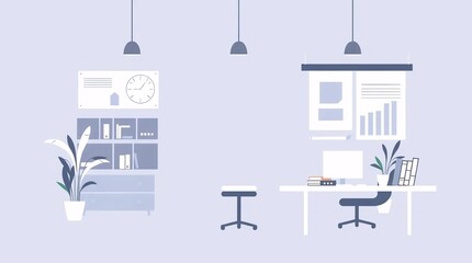 Fototapeta premium modern office interior illustration with desk chair clock and minimal furniture design