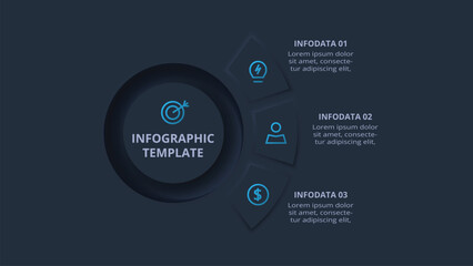 Neumorphic flowchart dark iinfographic. Creative concept for infographic with 3 steps or processes.