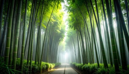 Serene Pathway Through a Verdant Bamboo Forest, Evoking Tranquility and Natural Beauty