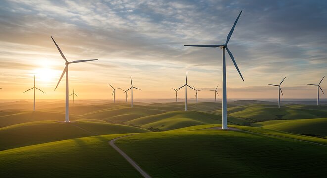 Sustainable electricity generation utilizing wind power technology set amidst a peaceful, grassy valley under a glowing sun - Powered by Adobe