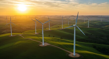 Renewable green energy concept with modern wind turbines generating electricity against a vibrant orange and purple sunrise sky