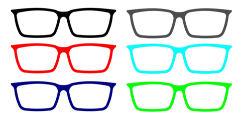 Set of six colorful eyeglass frames in various colors on a white background.