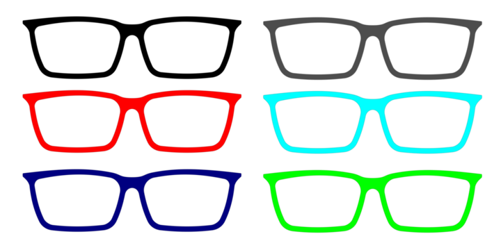 Set of six colorful eyeglass frames in various colors on a white background. - Powered by Adobe
