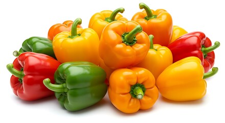 Colorful pile of fresh red, yellow, orange, and green bell peppers isolated on white. Vibrant sweet capsicum vegetables for healthy cooking and salads.