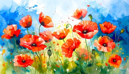 Vibrant poppy field in watercolor