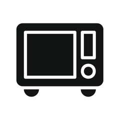Simple black and white icon representing a modern kitchen microwave oven with a clear door and control panel