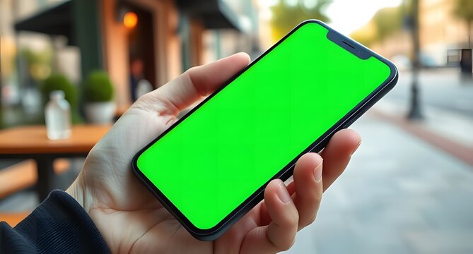 hand holding a tablet pc on the street green screen mockup