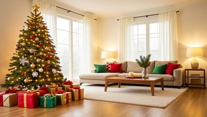 Festive living room with Christmas tree and wrapped gifts.
