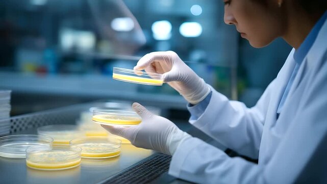 A scientist cultures gene edited bacteria in a microbiology lab with agar plates streaking incubators warming petri dishes stacked and a biosafety hood running shown in a cont