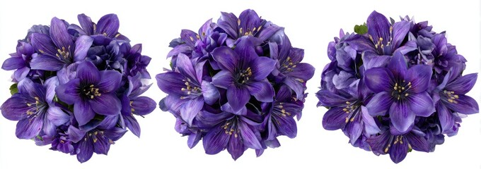 Three round bouquets of vibrant purple flowers