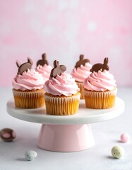 Festive pink cupcakes with chocolate bunny toppers