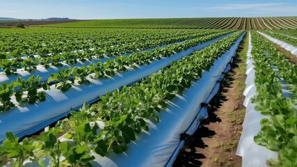 Medium shot of agricultural field using UV reflective mulch showcasing improved crop yield and efficient weed control in optimal growing conditions
