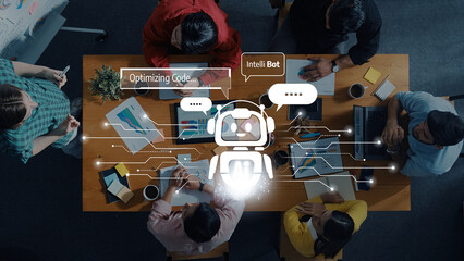 A diverse team collaborates in a modern office, employing an AI assistant for code optimization while analyzing data charts during a brainstorming session. Trope