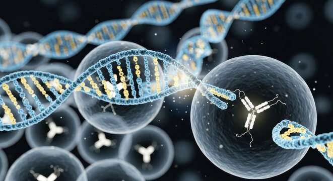 Detailed illustration depicting cellular processes with dna strands interacting with cells bodies - Powered by Adobe