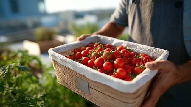 In a city community garden during harvest season a worker gathers tomatoes their skins glossy into a plastic basket its handle chipped. A paper label its edges creased marks