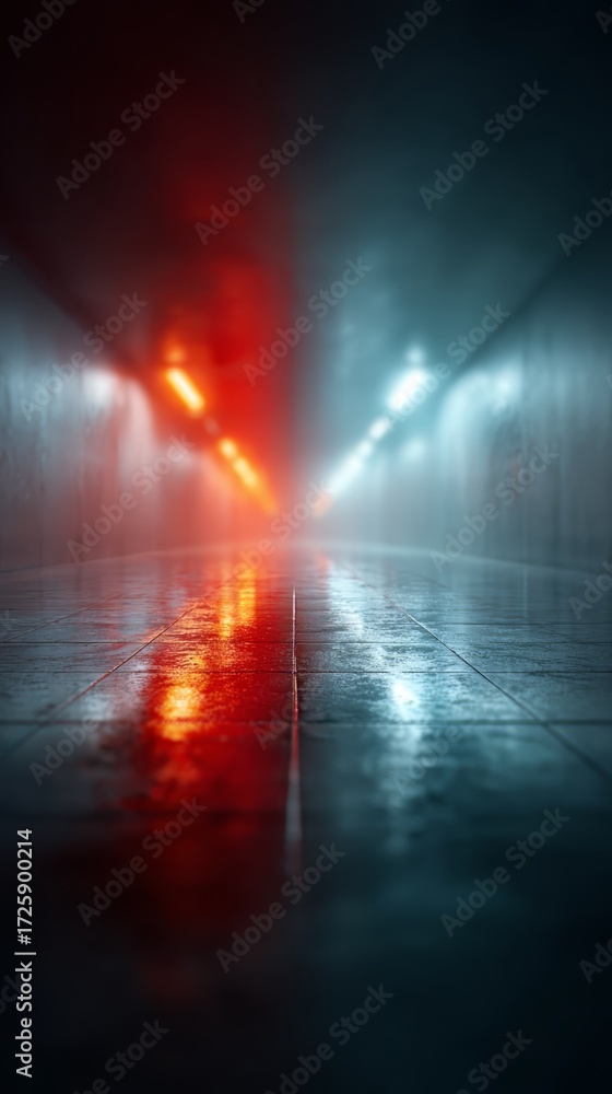 Poster dark tunnel with red and blue lights. the lights are reflecting on the floor. the tunnel is empty