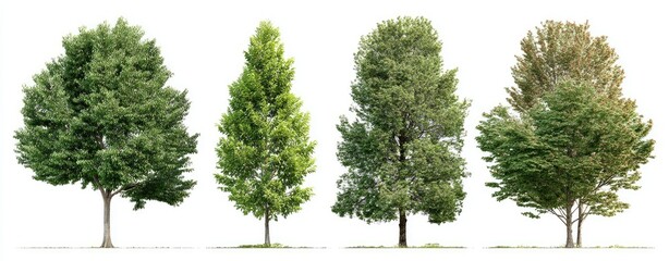 Four different trees, isolated against a white background.  Full, healthy, vibrant green foliage, varied shapes and densities.  Distinct trunks and canopies,  ideal for graphic design or illustration
