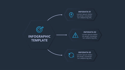 Neumorphic flowchart dark iinfographic. Creative concept for infographic with 3 steps or processes.