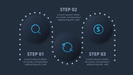 Neumorphic flowchart dark iinfographic. Creative concept for infographic with 3 steps or processes.