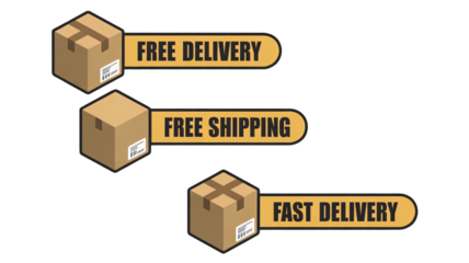 Promotional boxes offering free delivery, free shipping, and fast delivery options
