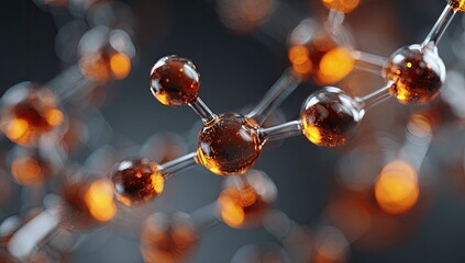 Abstract molecular structure.  Transparent, amber-colored spheres connected by clear rods.  Focused on a section of a complex network.  Dark, gray background provides contrast